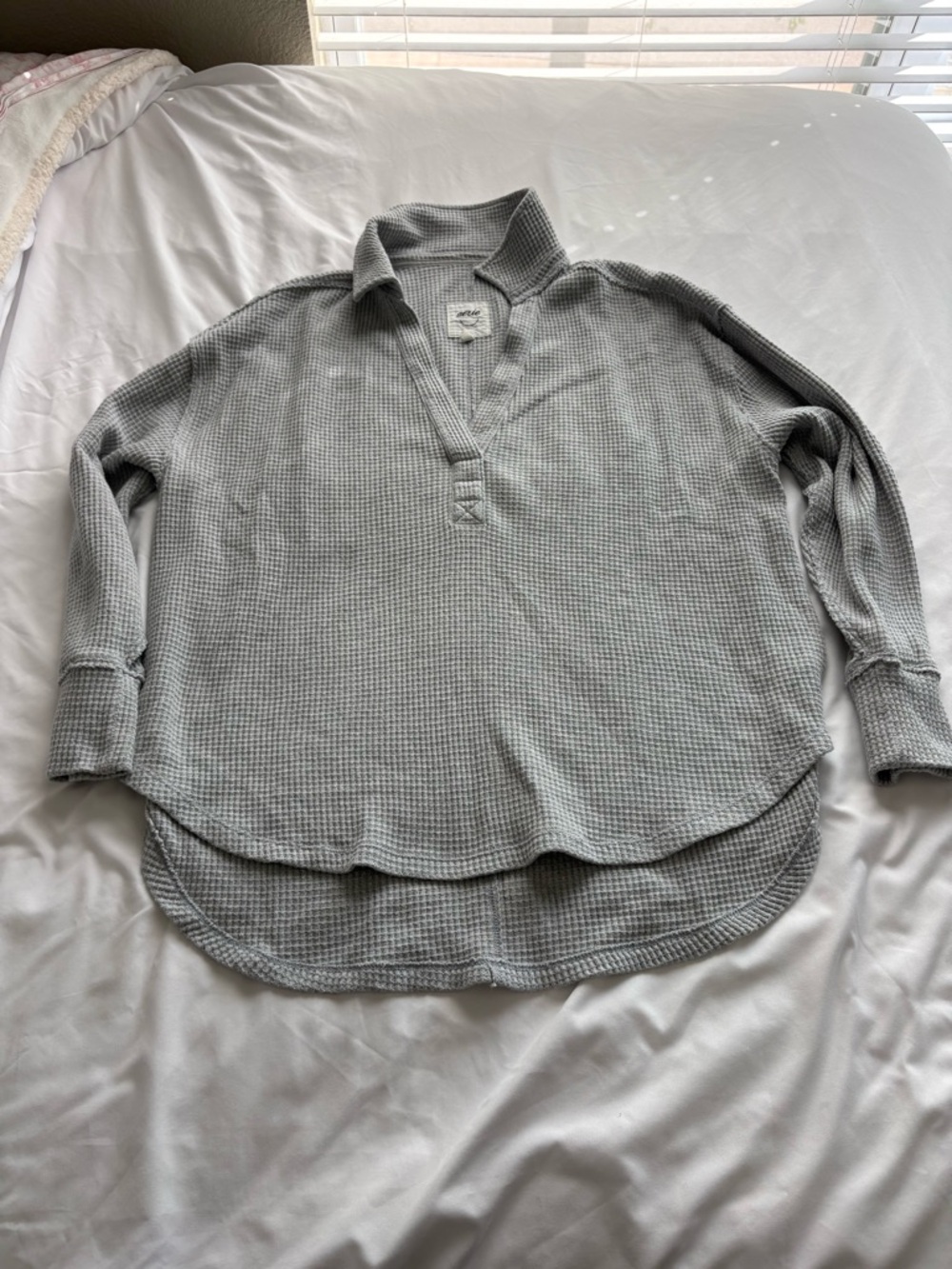 aerie Light Gray Waffle Knit Collared Pullover